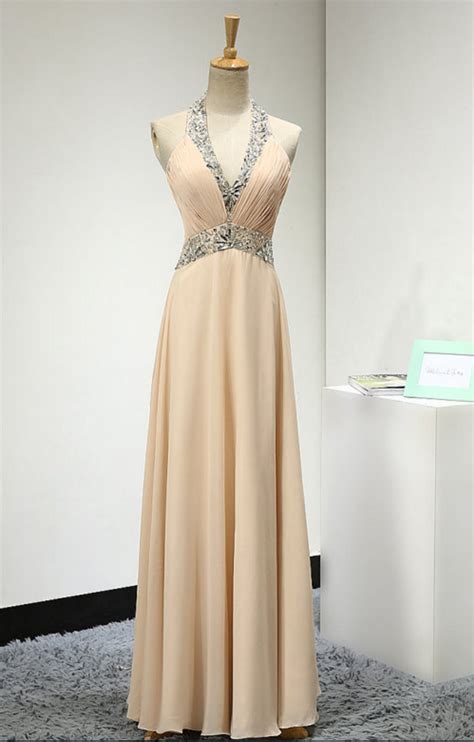 Champagne Halter Prom Dresslong Elegant Chiffon Ruched Bridesmaid Dresses Sexy V Neck Beaded