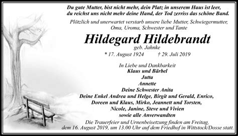 Traueranzeigen Von Hildegard Hildebrandt Trauer Anzeigen De