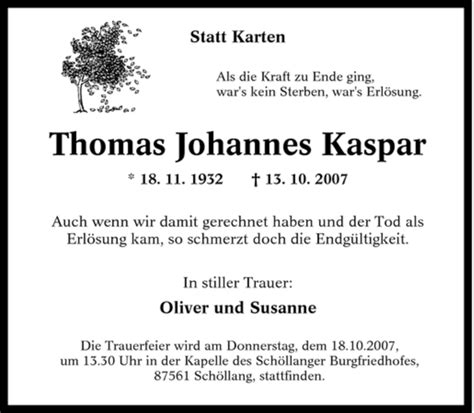 Traueranzeigen Von Thomas Johannes Kaspar Trauer In Nrw De