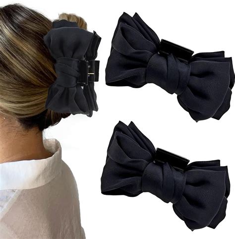 2 PACK Big Bow Hair Claw Clips Large Satin Claw Clip Black Bow Nonslip