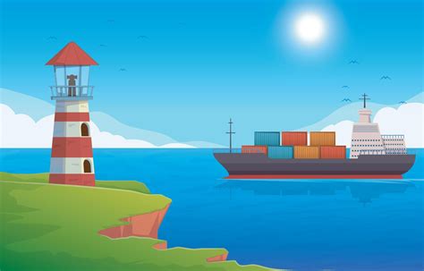 Sea Background With Cargo Ship And Lighthouse 6851985 Vector Art At