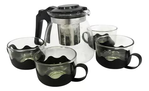 Set De Tetera Con Infusor De 1 Litro Y 4 Vasos De Vidrio Negro