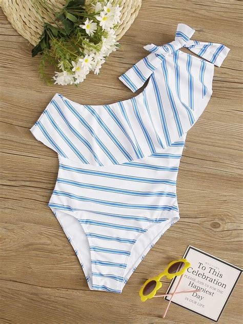 Girls Striped Flounce One Piece Swimwear Shein Usa Swimwear One