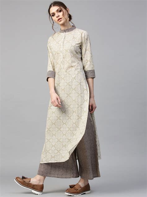 GERUA Women Off White Taupe Printed Kurta With Palazzos Kurti Neck