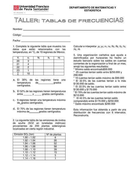 Taller Tablas De Frecuencias Departamento De Matematicas Y