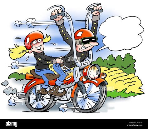 Cartoon Illustration Einer Happy Biker Schnell L Uft Auf Einem Motorrad