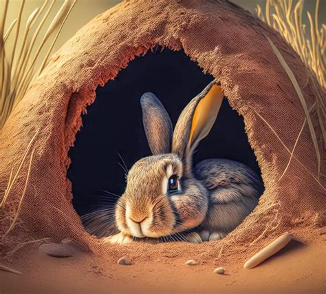 Premium Photo A Cute Wild Hare Sits In A Hole In A Field Generative Ai