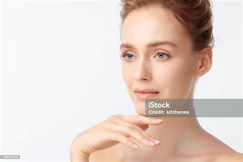 Beautiful Young Woman With Clean Fresh Skin On White Background Face Care Facial Treatment