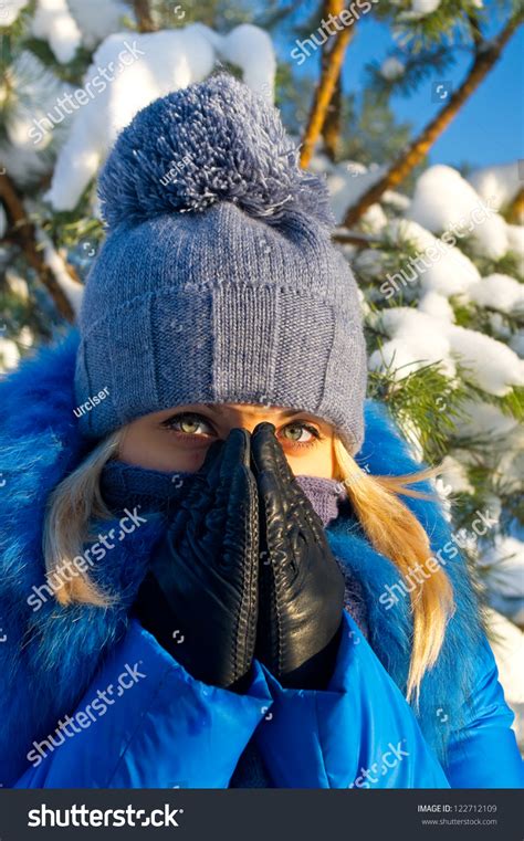 Girl With The Beautiful Eyes Froze On A Frosty Day Stock Photo