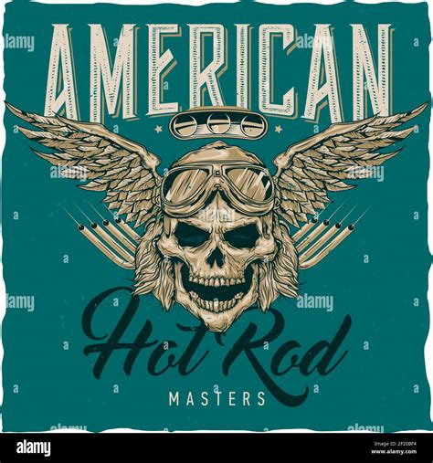 Vintage Hot Rod T Shirt Label Design With Illustration Of Driver Skull With Glasses And Wings