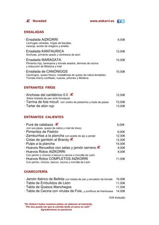 Nueva Carta De Invierno Restaurante Aizkorri En Astorga PDF