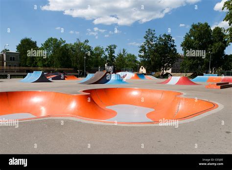 Empty Skatepark With Colorful Ramps In Sunny Day Stock Photo Alamy