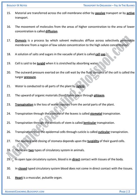 Adamjee Coaching Transport In Organisms Fill In The Blanks Biology