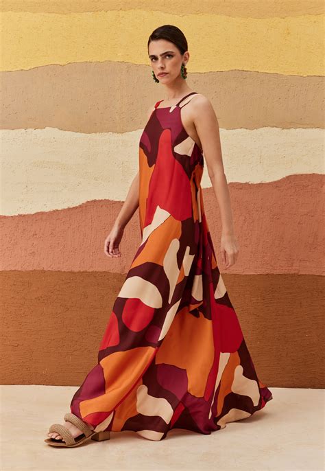 Vestido Longo Al A Franzido Estampado Ushuaia Cacay Carioca Brasileira E Latina