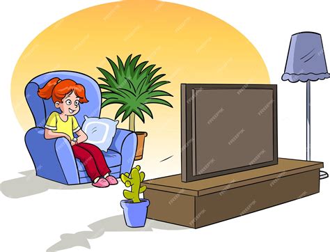 Premium Vector | Girl watching tv in living room.