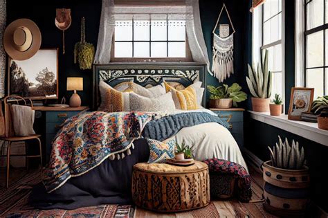 Boho Chic Bedroom With Eclectic Mix Of Patterns And Textures Stock