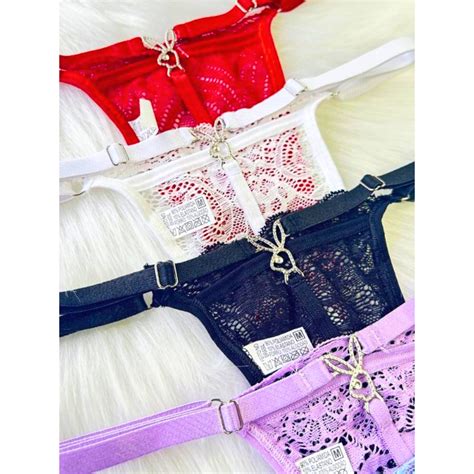 Kit Tangas Playboy Rendada Lingerie Sexy Sensual Coelhinha