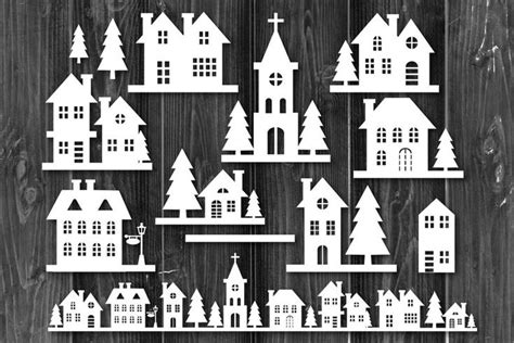 Christmas Night Buildings Scene SVG Silhouette Design Clipart Set Decor Ornaments for Creative ...