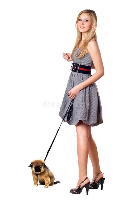 Blonde Walking Over Her Puppy Stock Photo Image Of Domestic Happy