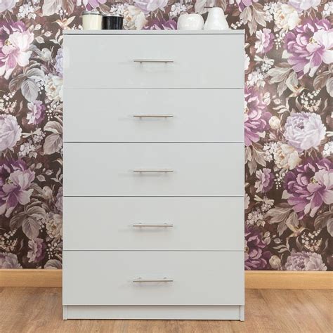 Helston Modern And Tall 5 Drawer Chest Grey Gloss Iqgb Uk