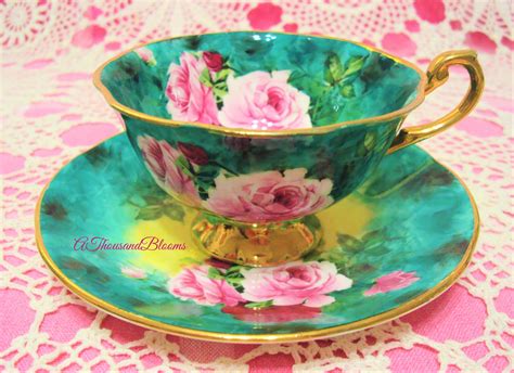 Royal Stanley Emerald Roses Pink Bone China Tea Cups Antique Tea