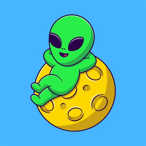 Cute Alien Lying On Moon Cartoon Vector Icons Illustration Flat