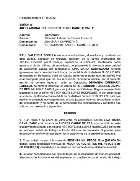 Demanda Laboral Primera Instancia Roldanillo Febrero 17 De 2022 SeÑor