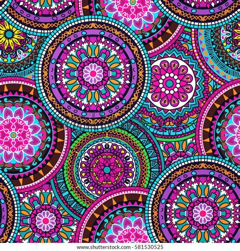 Seamless Multicolor Pattern Oriental Mandalas Hippie Stock Illustration