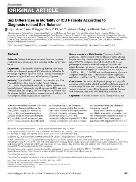 Pdf Sex Differences In Mortality Of Icu Patients According To