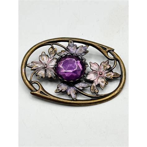 Vintage Enamel Flower Purple Rhinestone Brooch Pin Etsy