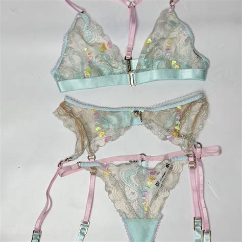 Honey Birdette Pastel Sheer Lace 3 Piece Lingerie Depop