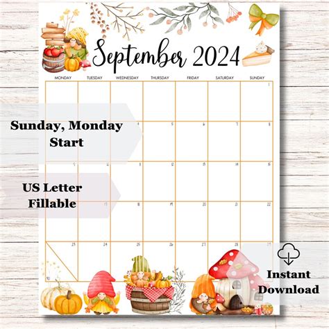 Editable September Calendar College Planner Homeschool Calendar