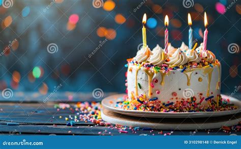 Birthday Cake With Colorful Sprinkles Icing And Lit Candles Stock