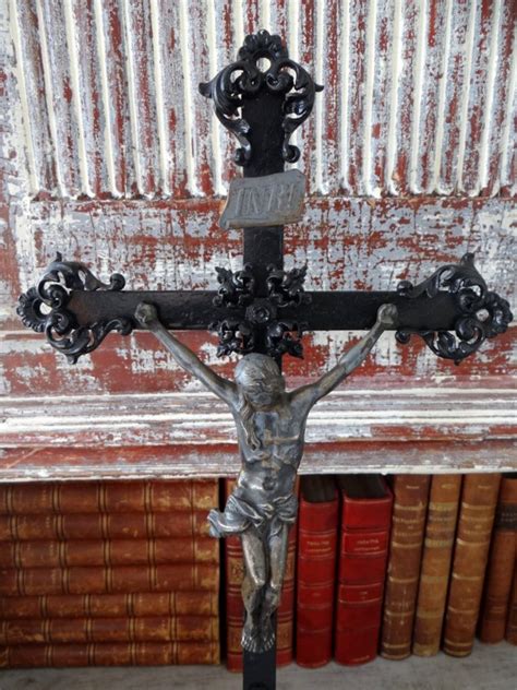 Large Mid Century Metal Crucifix With Bronze Patinated Figure Of Christ