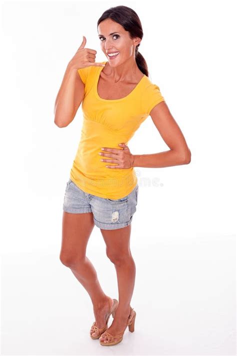 Smiling Brunette Gesturing A Phone Call Stock Image Image Of Clothing