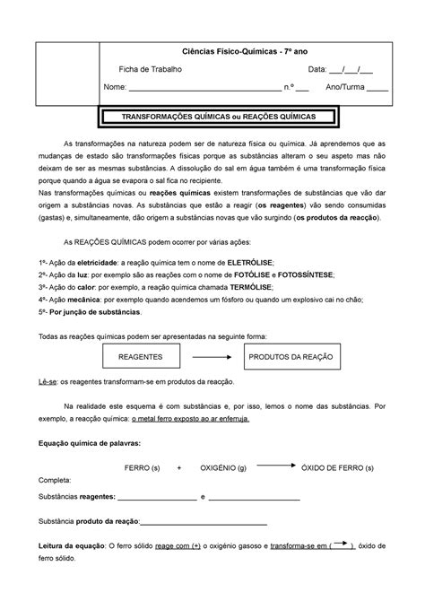 Ficha Tf Tq Ci Ncias F Sico Qu Micas Ano Ficha De Trabalho Data