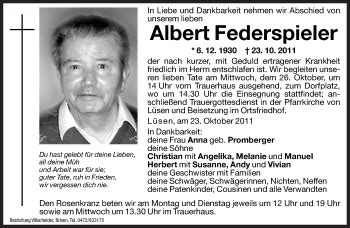 Traueranzeigen Von Albert Federspieler Trauer Bz