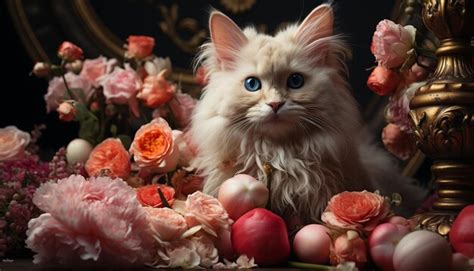 Un Lindo Gatito Sentado En Una Mesa Mirando Flores Generadas Por