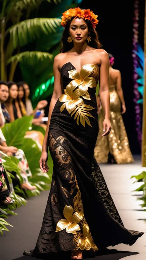 Elegant Polynesian Fashion Graceful Model In Black And Gold Floral Gown Muse Ai