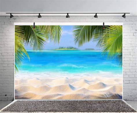 Leowefowa X M Vinyl Sea Backdrop Tropical Sand Beach Palm Leaves