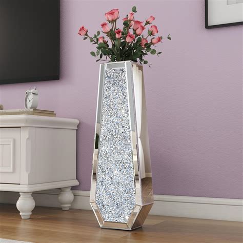 Shyfoy Extra Large Crushed Diamond Floor Vase Inches Silver Mirror