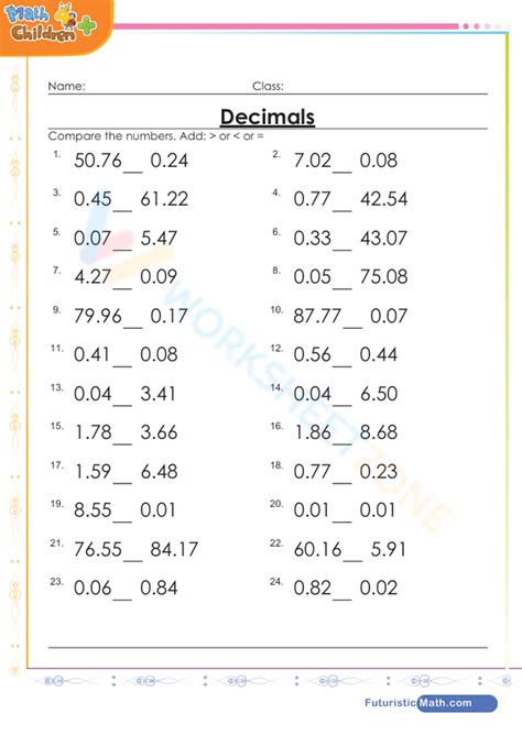 Compare Decimals Worksheet