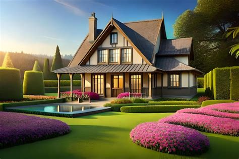 Premium Photo | A house with a garden and a pond