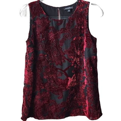 Roz Ali Tops Roz Ali Paisley Print Red Black Sheer Velvet Lined