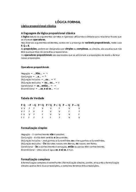 Lógica Clássica - Logica Formal - LÓGICA FORMAL Lógica proposicional clássica A linguagem ...