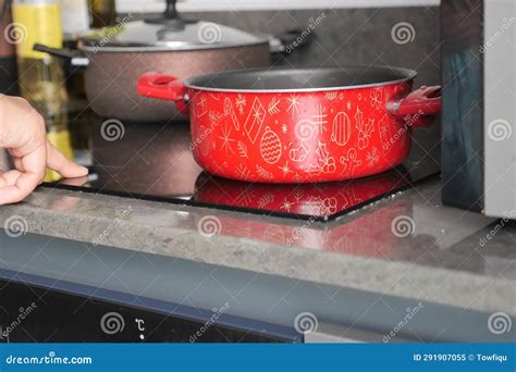 Cooking Pan On Electric Stove Electric Stove Is Heated To Red Stock