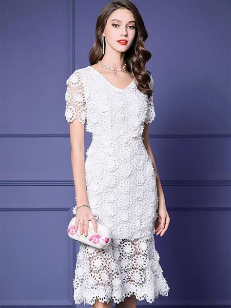 White Elegant Lace Short Sleeve V Neck Bodycon Dress Casual