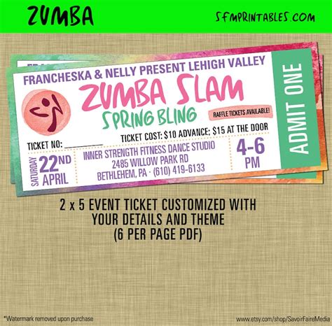 Custom Zumba Slam Tickets Zumba Fitness Event Glow Etsy