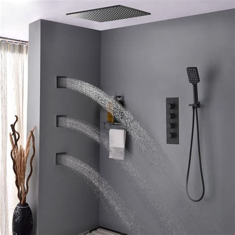 Luxury Modern Square Ceiling Mount Rain Shower System With Hand Shower And Body Spray Jets 3