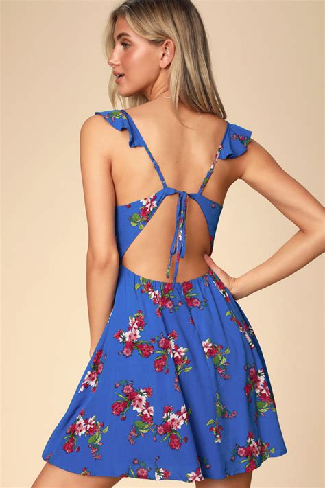 Cute Blue Floral Print Dress Backless Dress Tie Back Dress Lulus